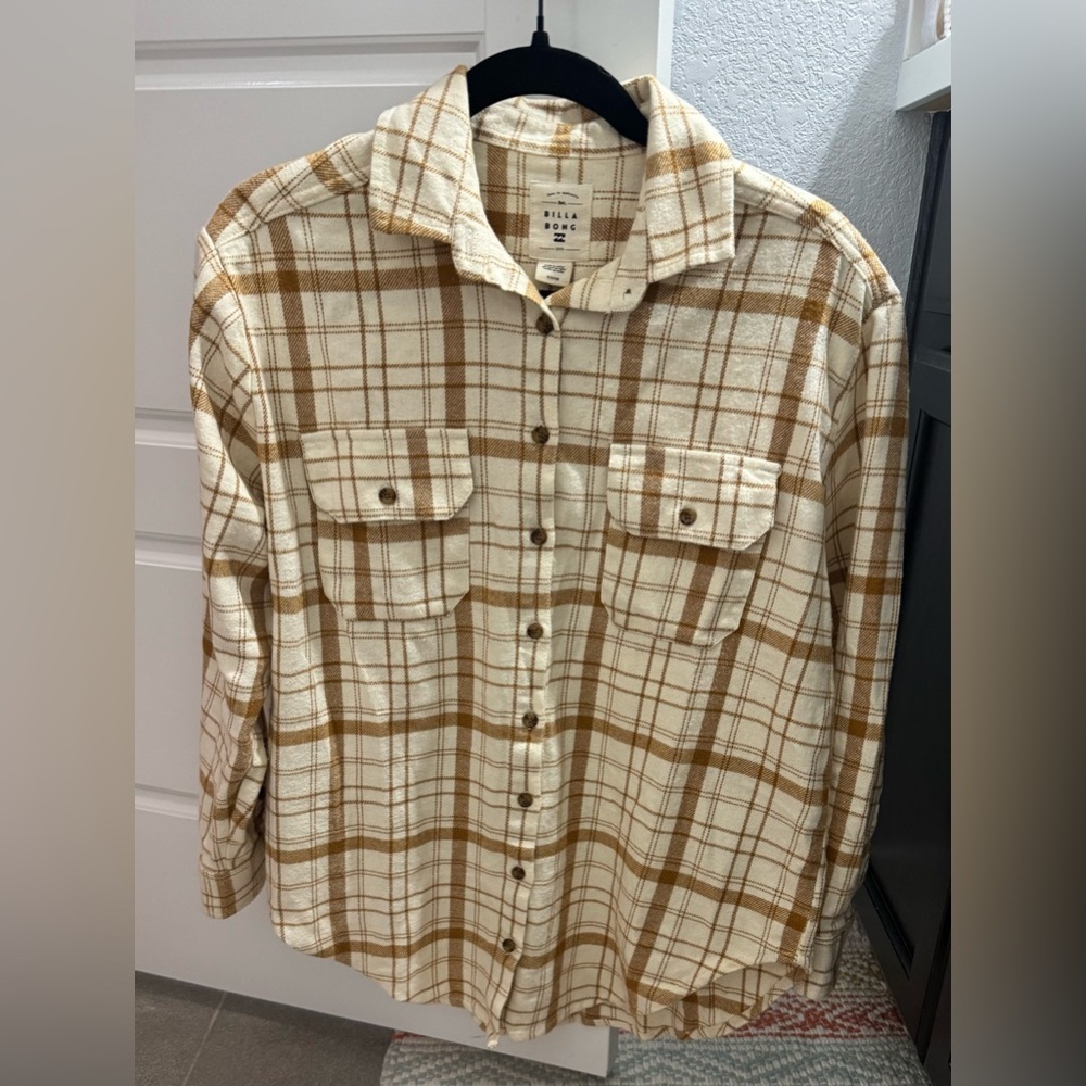 Billabong Cream and Brown Striped Button Flannel Size S